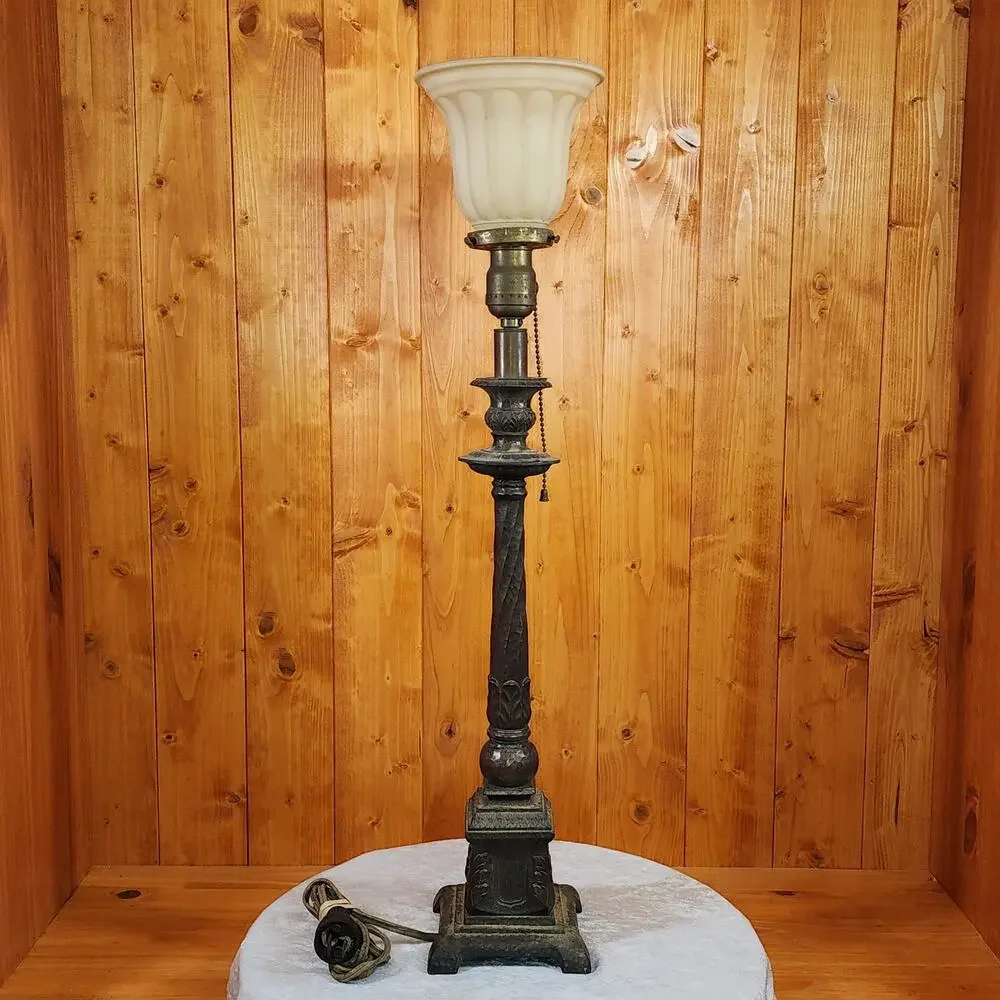 Antique Style Bronze Torchiere Lamp Hammered Column Frosted Tulip Shade